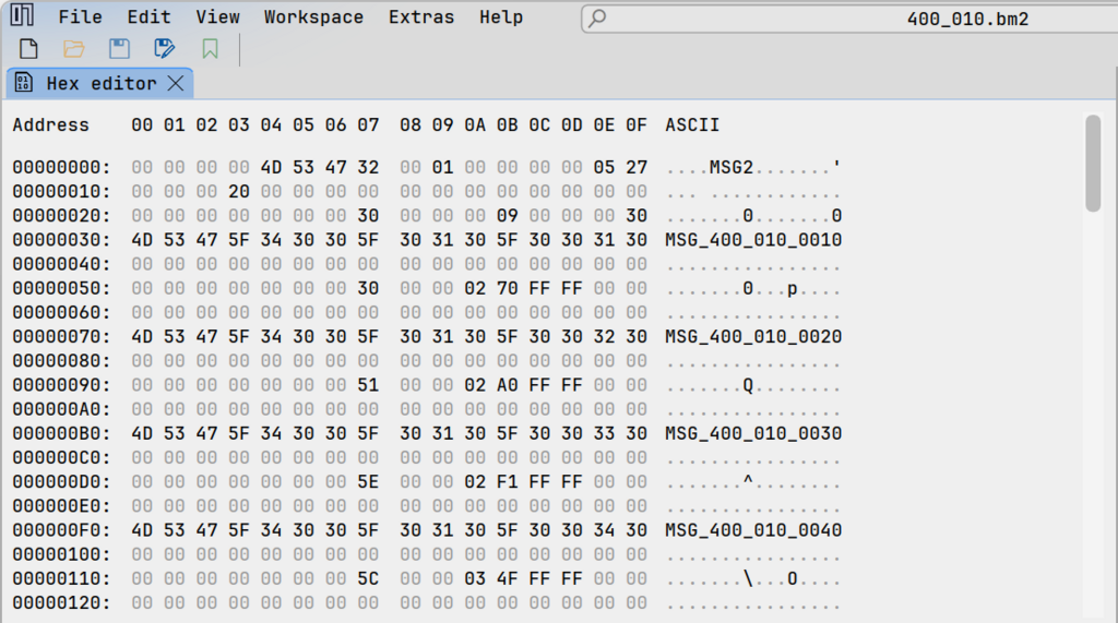 ImHex 打开原版 BM2,右侧 ASCII 栏可见消息标签